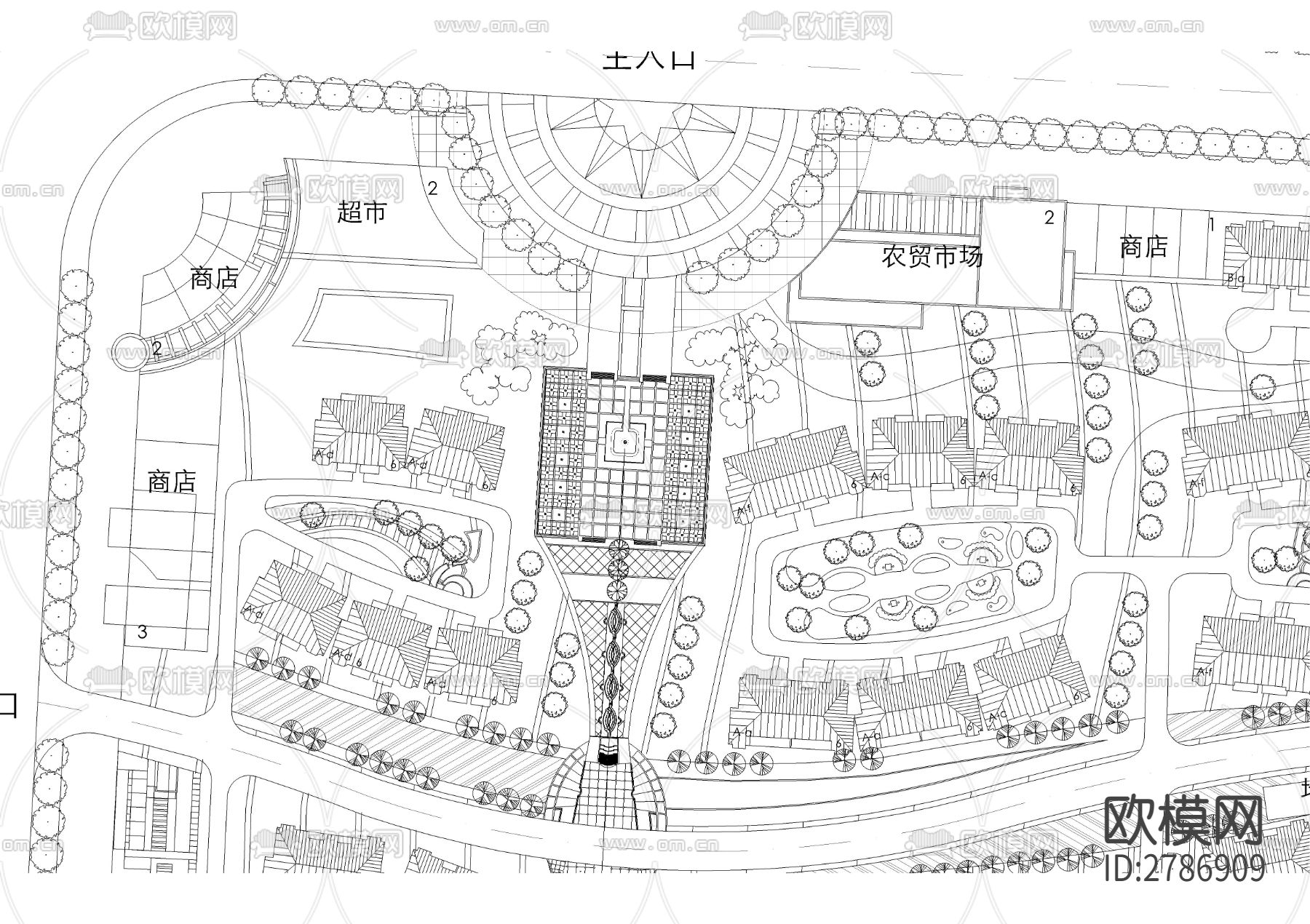 长方形地块多层住宅区规划平面图下载（渲染图2）