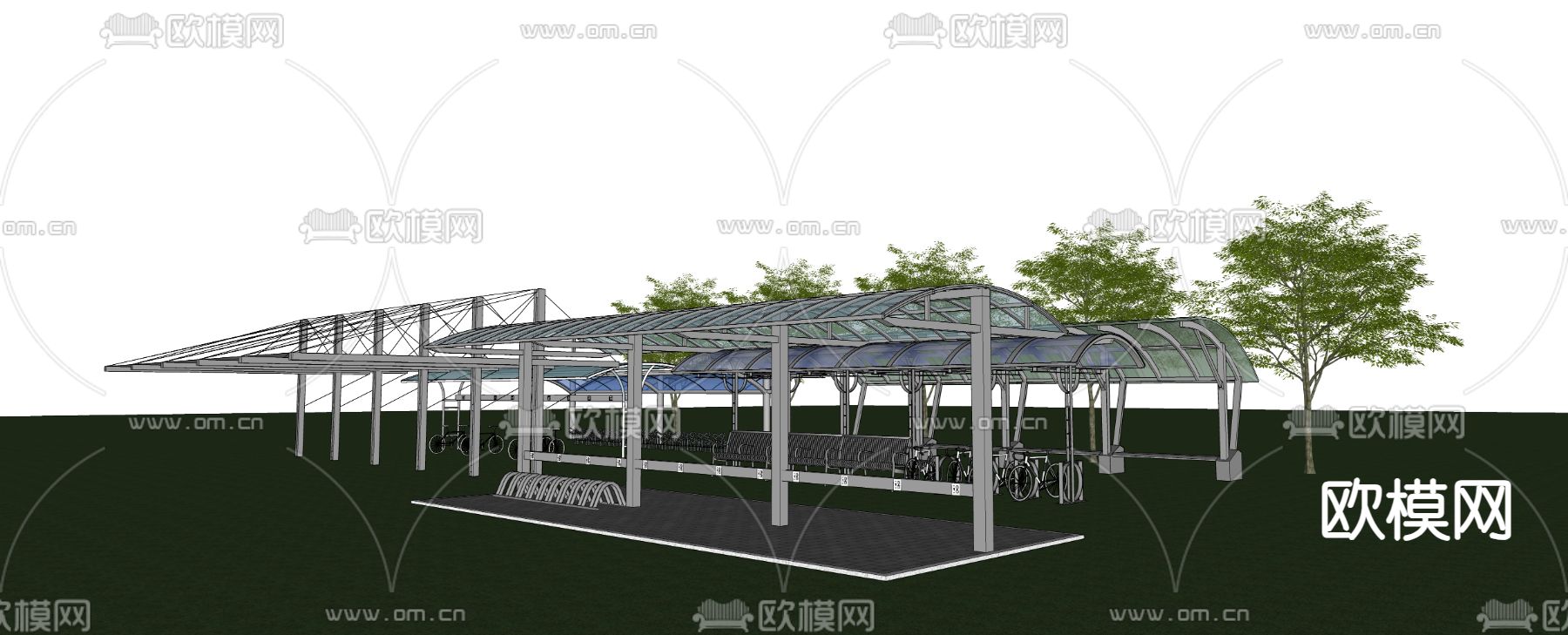 自行车棚 单车棚 非机动车棚su模型下载（渲染图2）