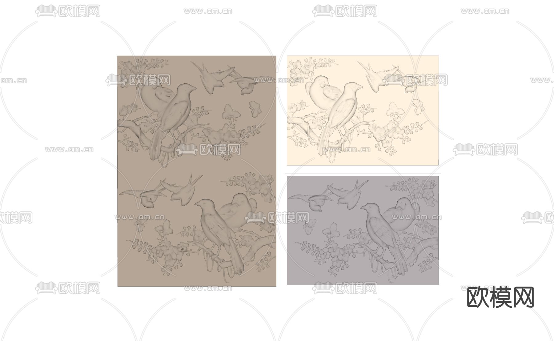 新中式花鸟壁画 皮雕墙饰su模型下载（渲染图2）