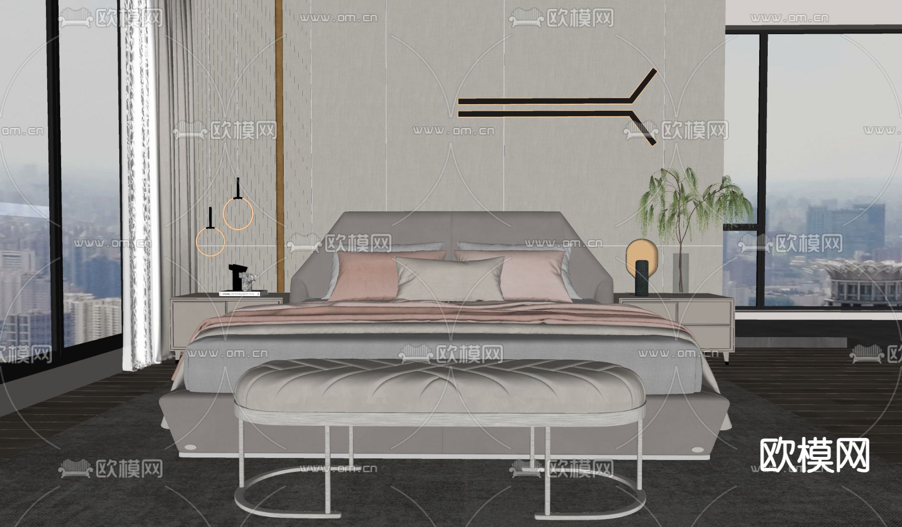 轻奢双人床su模型下载（渲染图4）