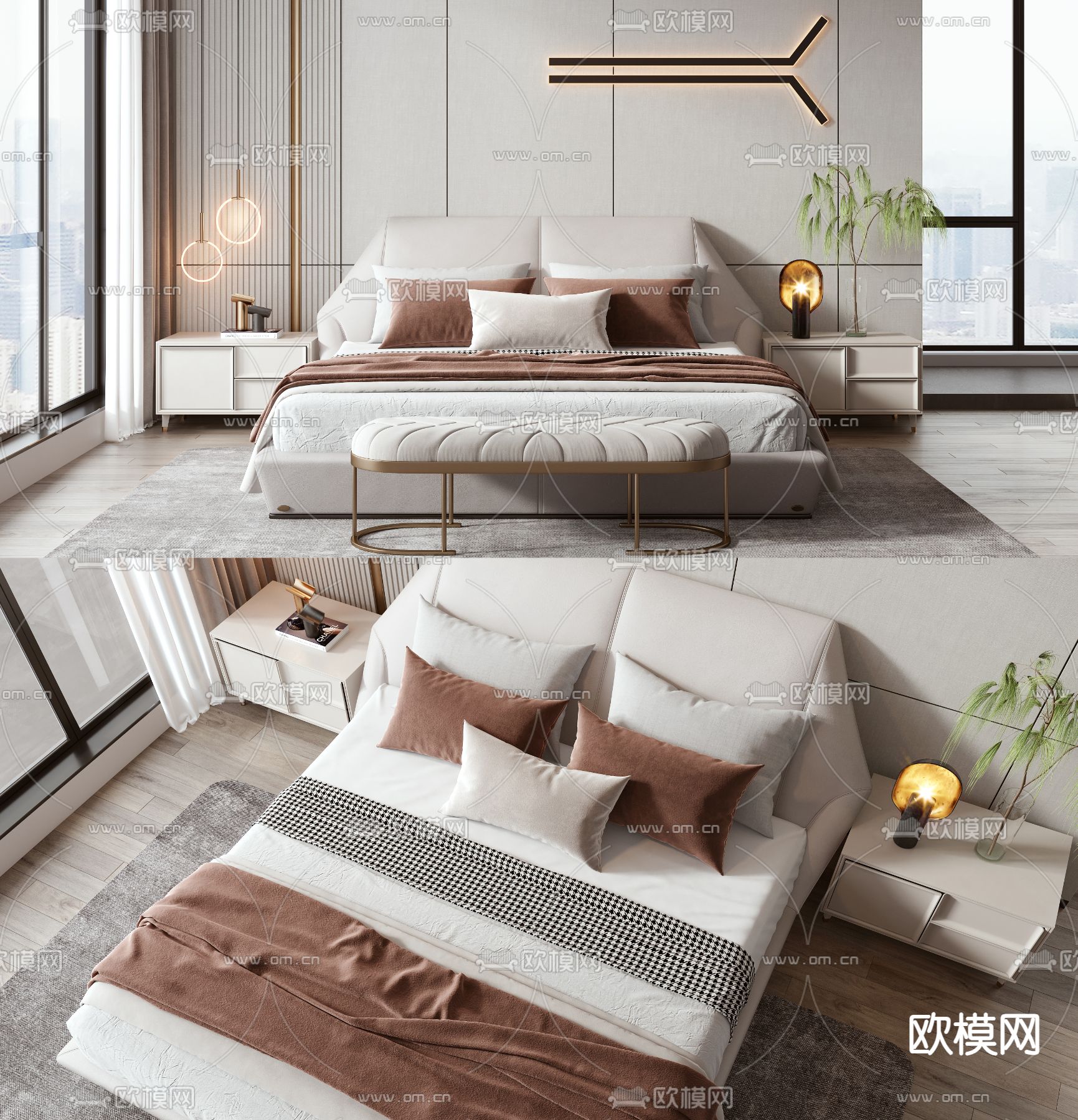 轻奢双人床su模型下载（渲染图1）