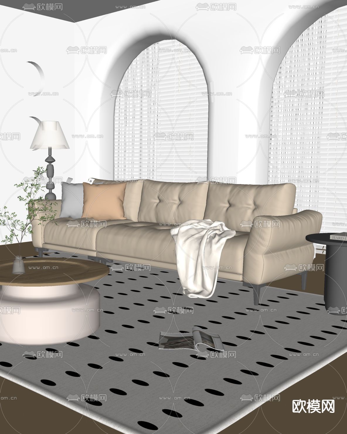 奶油风沙发 多人沙发su模型下载（渲染图2）