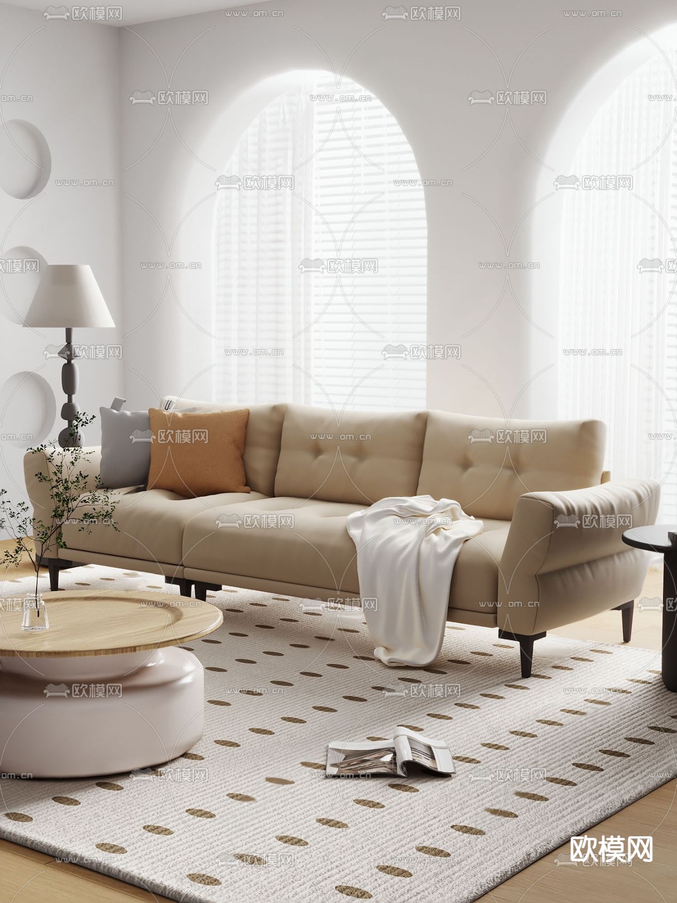 奶油风沙发 多人沙发su模型下载（渲染图1）