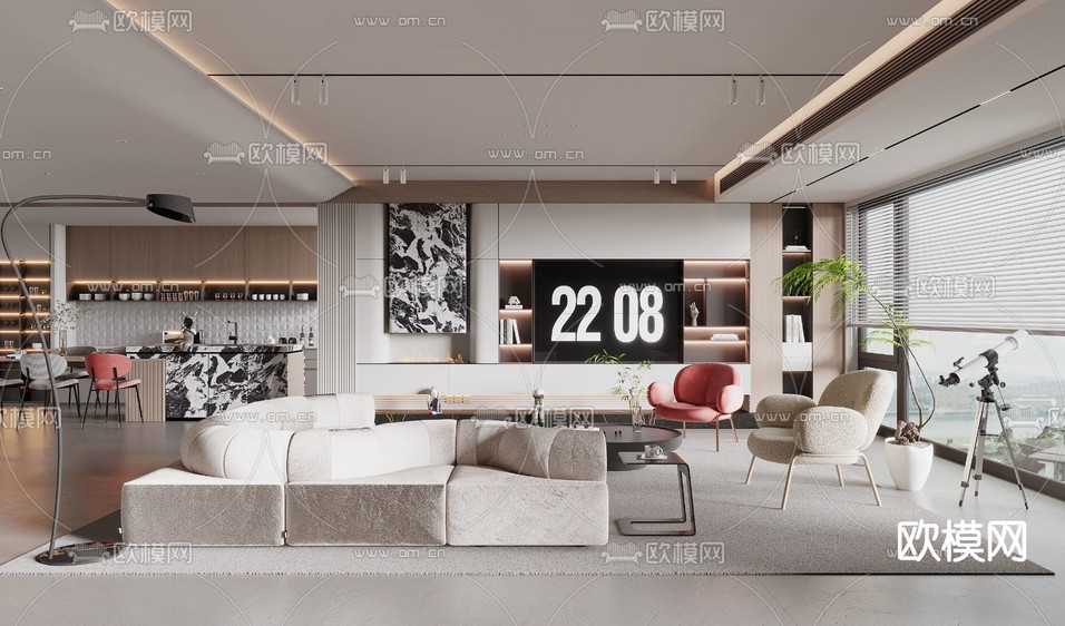 现代客厅 餐厅3d模型下载