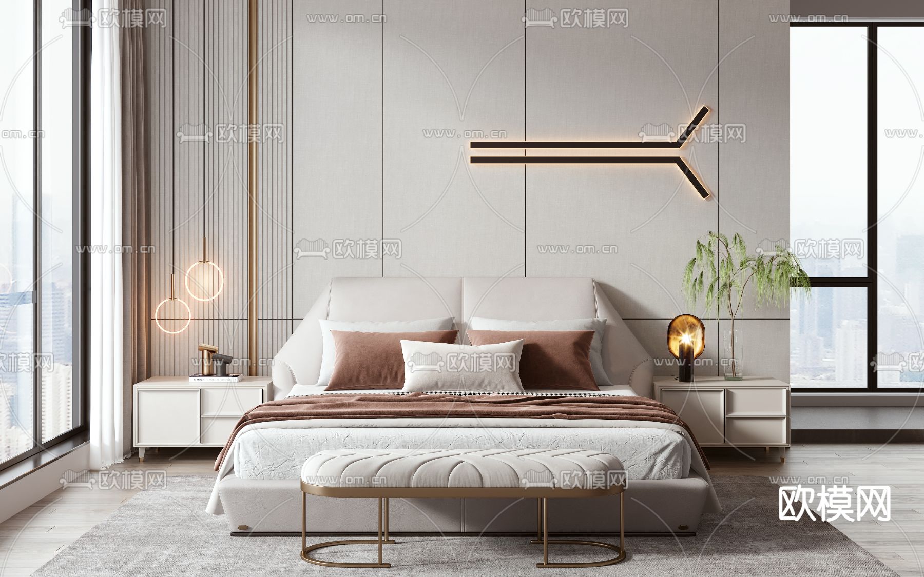 轻奢双人床su模型下载（渲染图2）