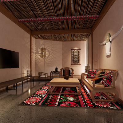  侘寂民宿客厅su模型 