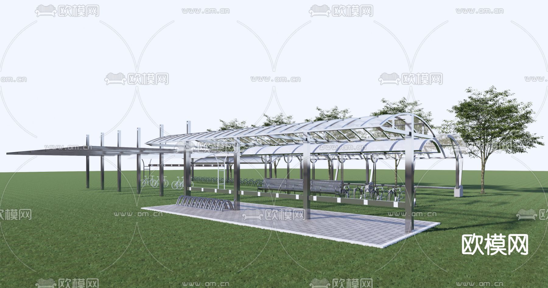 自行车棚 单车棚 非机动车棚su模型下载（渲染图1）