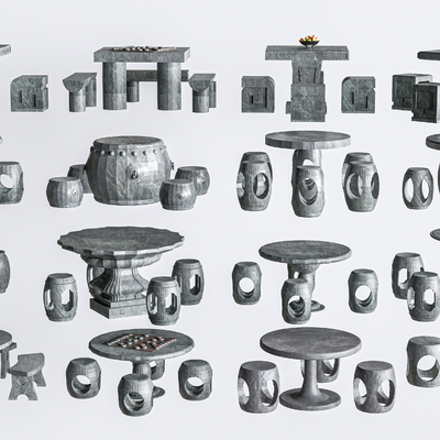  中式石桌椅 石桌 石凳su模型 