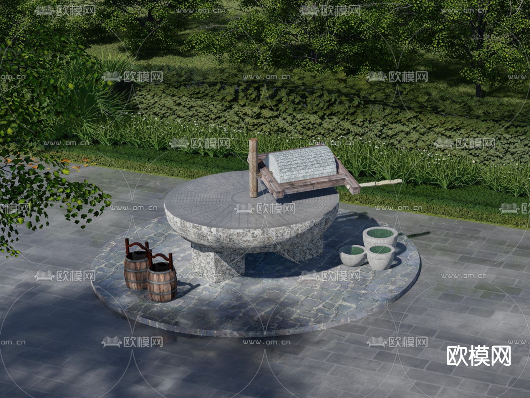 乡村小品石磨su模型下载（渲染图1）