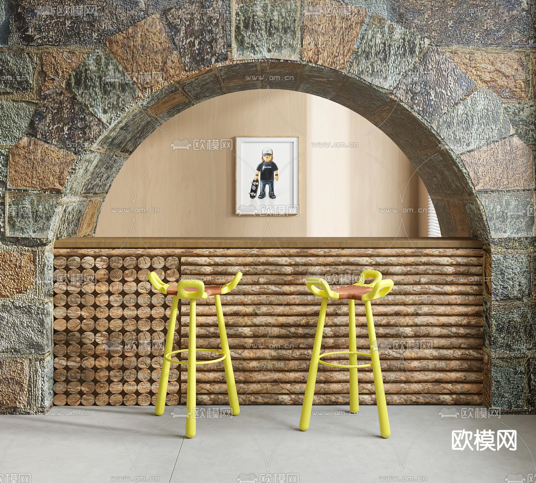 侘寂风吧台 吧椅su模型下载（渲染图1）