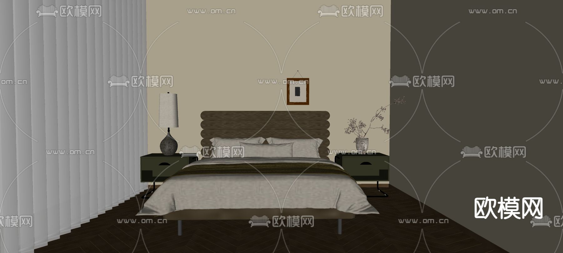 中古风双人床su模型下载（渲染图2）