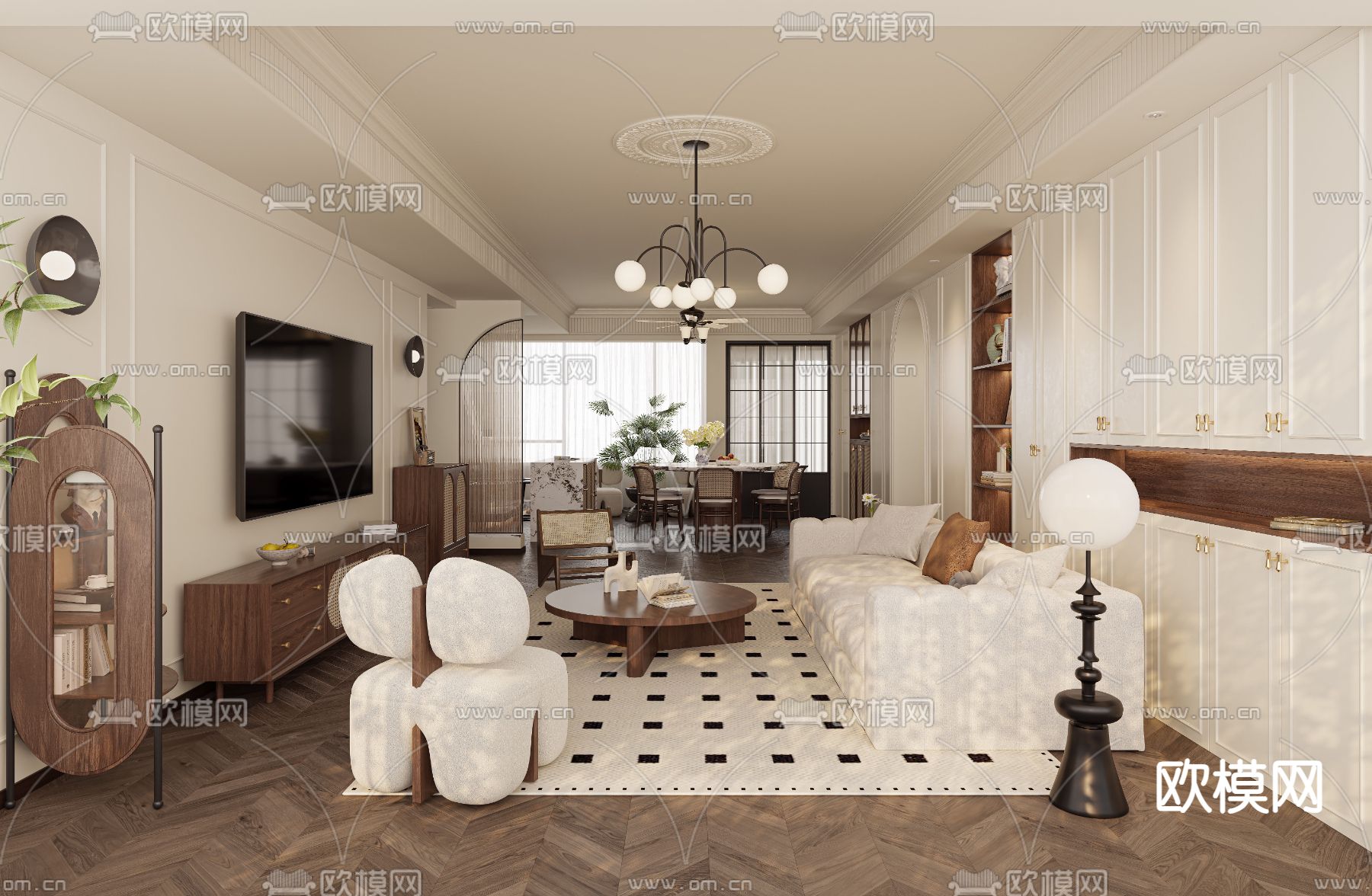 法式客厅 餐厅3d模型下载（渲染图3）