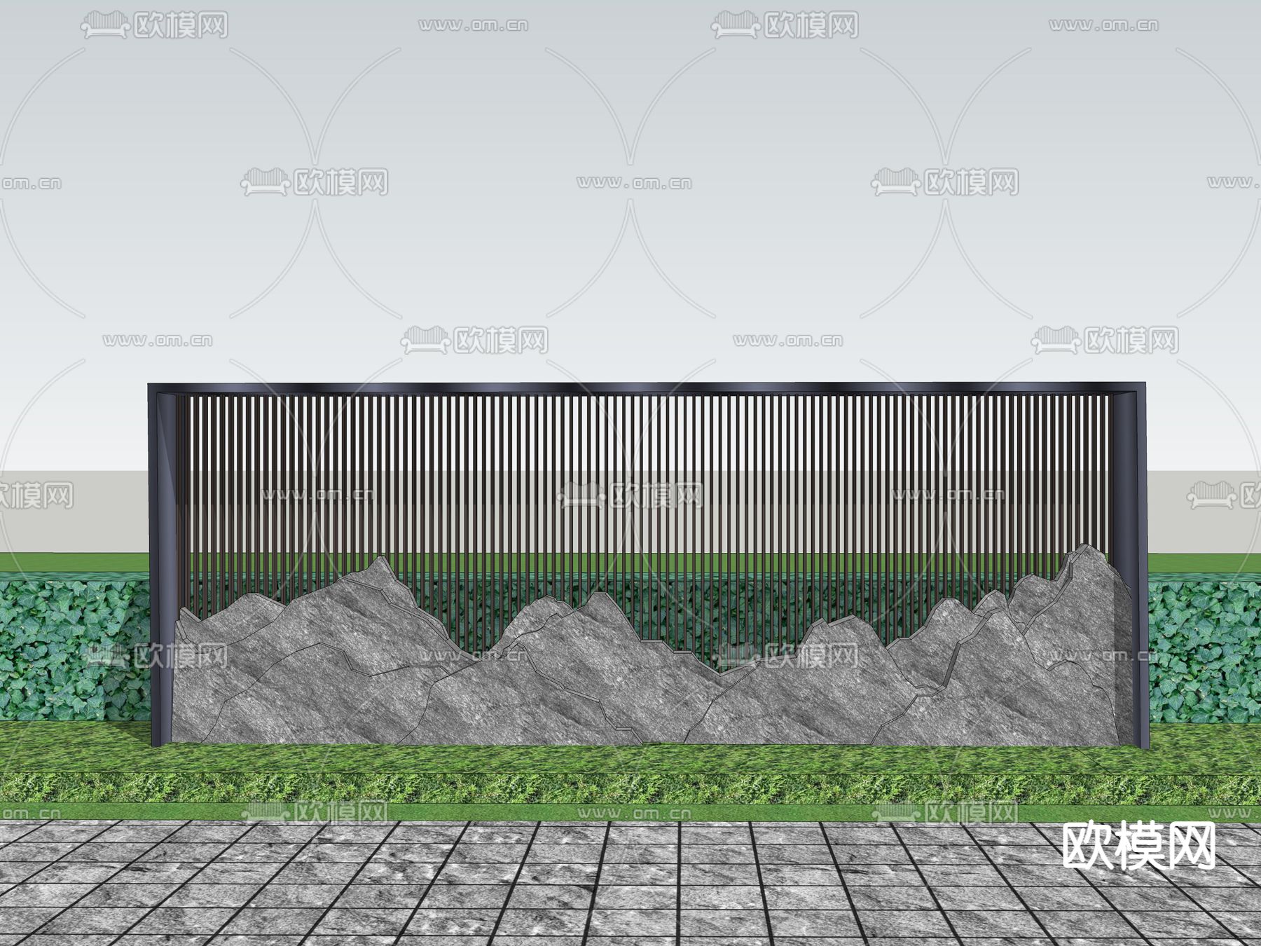 新中式景墙 山水格栅围墙su模型下载（渲染图2）
