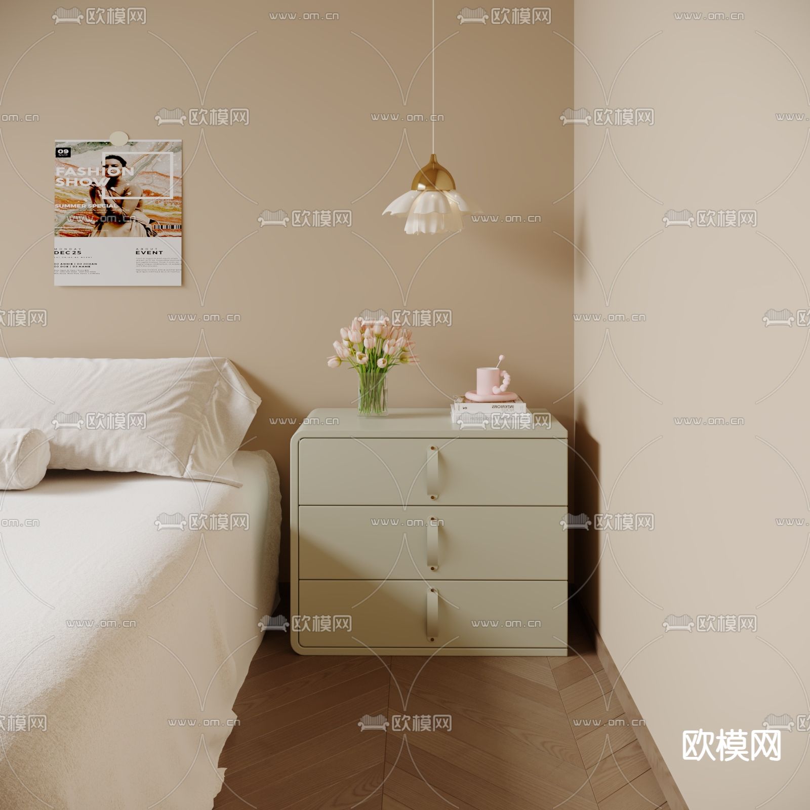 奶油风床头柜su模型下载（渲染图1）