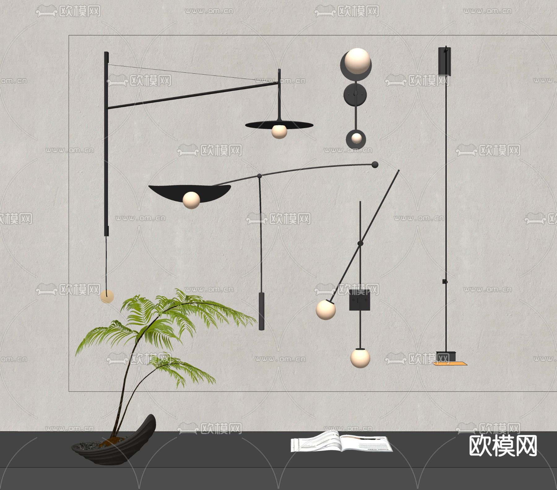 现代摇臂壁灯 球形壁灯su模型下载（渲染图2）
