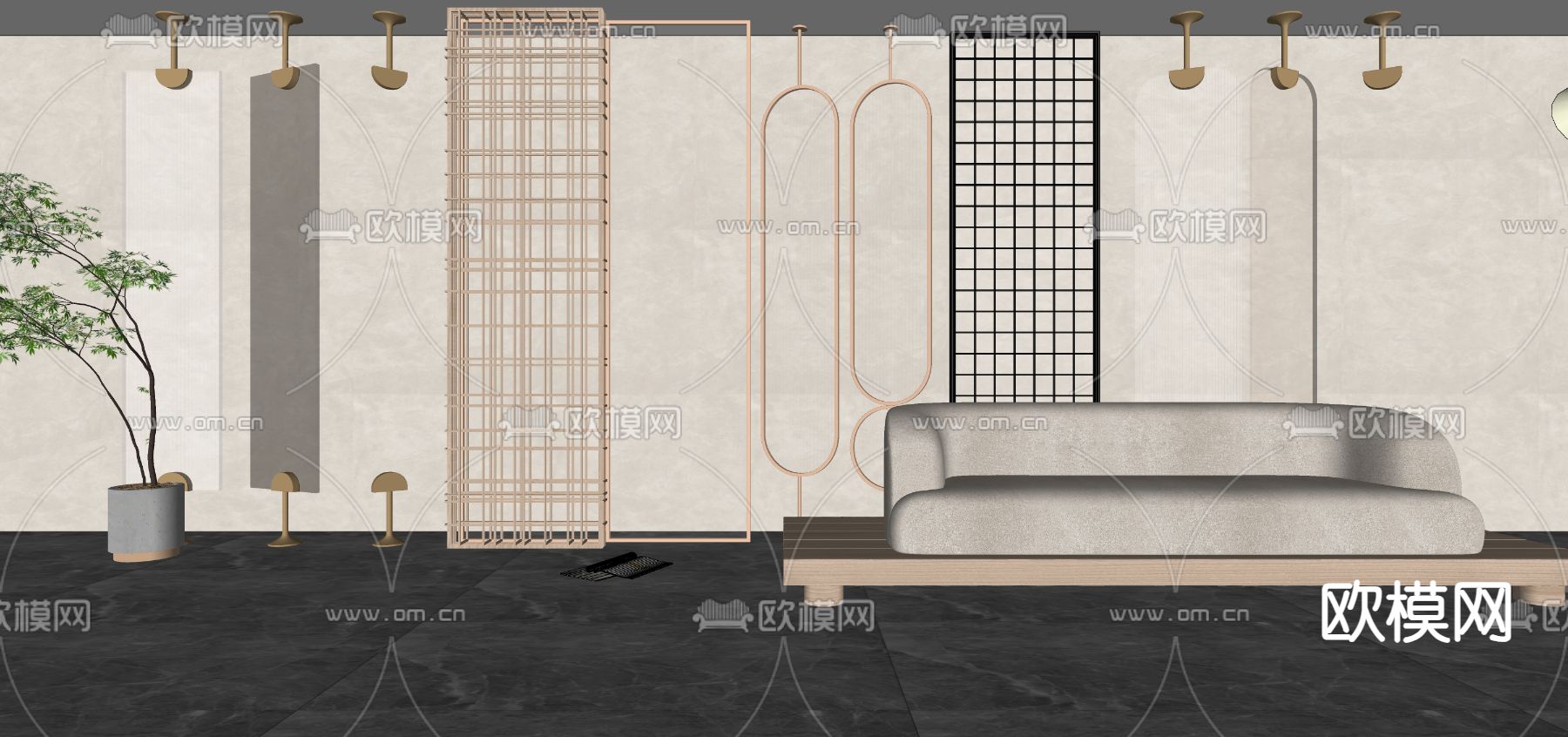 轻奢玻璃屏风 隔断su模型下载（渲染图2）