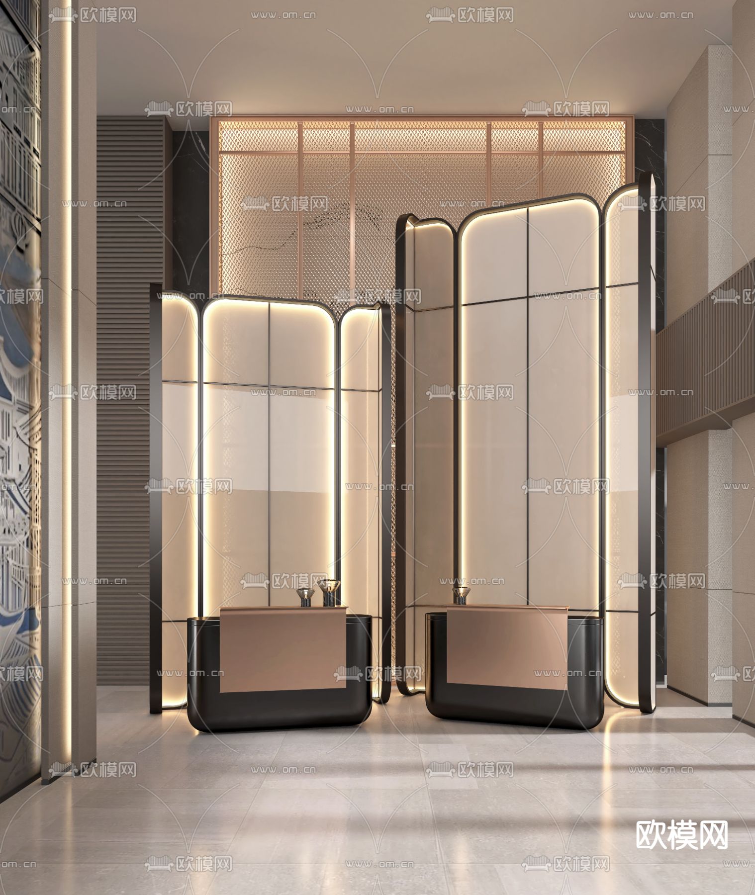 新中式前台 接待大厅3d模型下载（渲染图1）