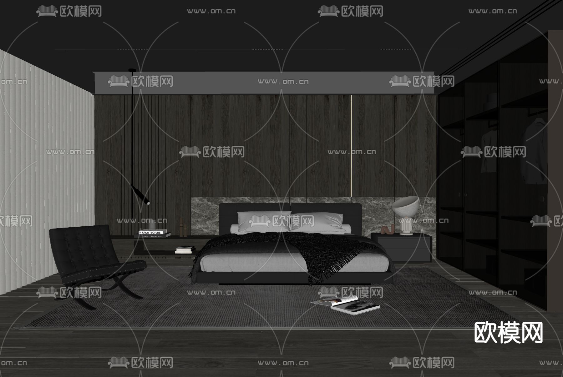 暗黑风卧室 主人房su模型下载（渲染图2）