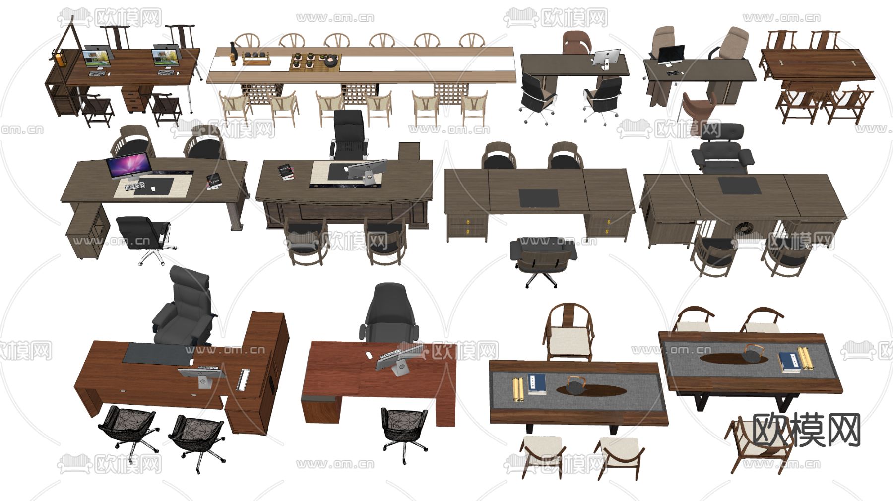 中式办公桌椅 班台桌su模型下载（渲染图2）