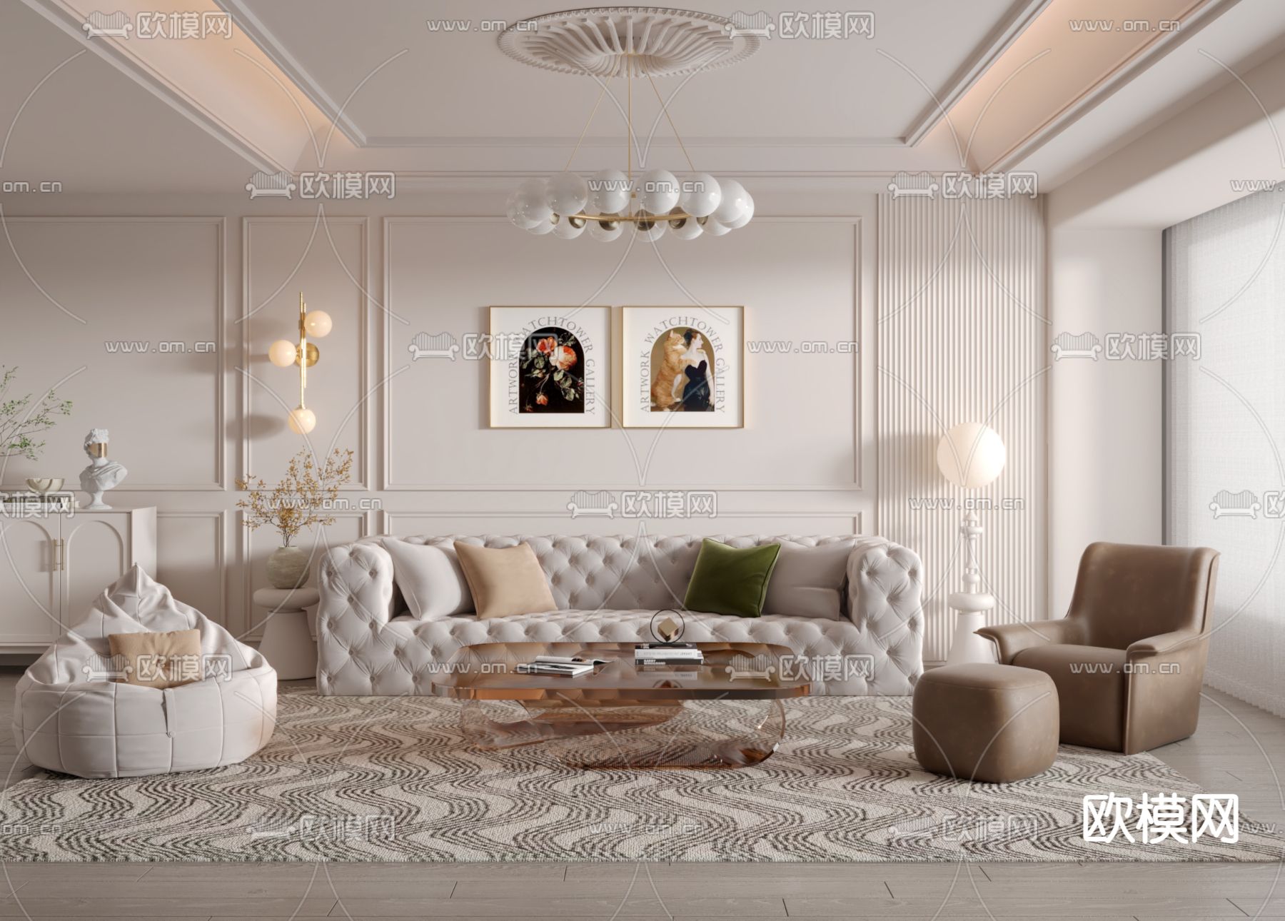 法式组合沙发3d模型下载（渲染图1）