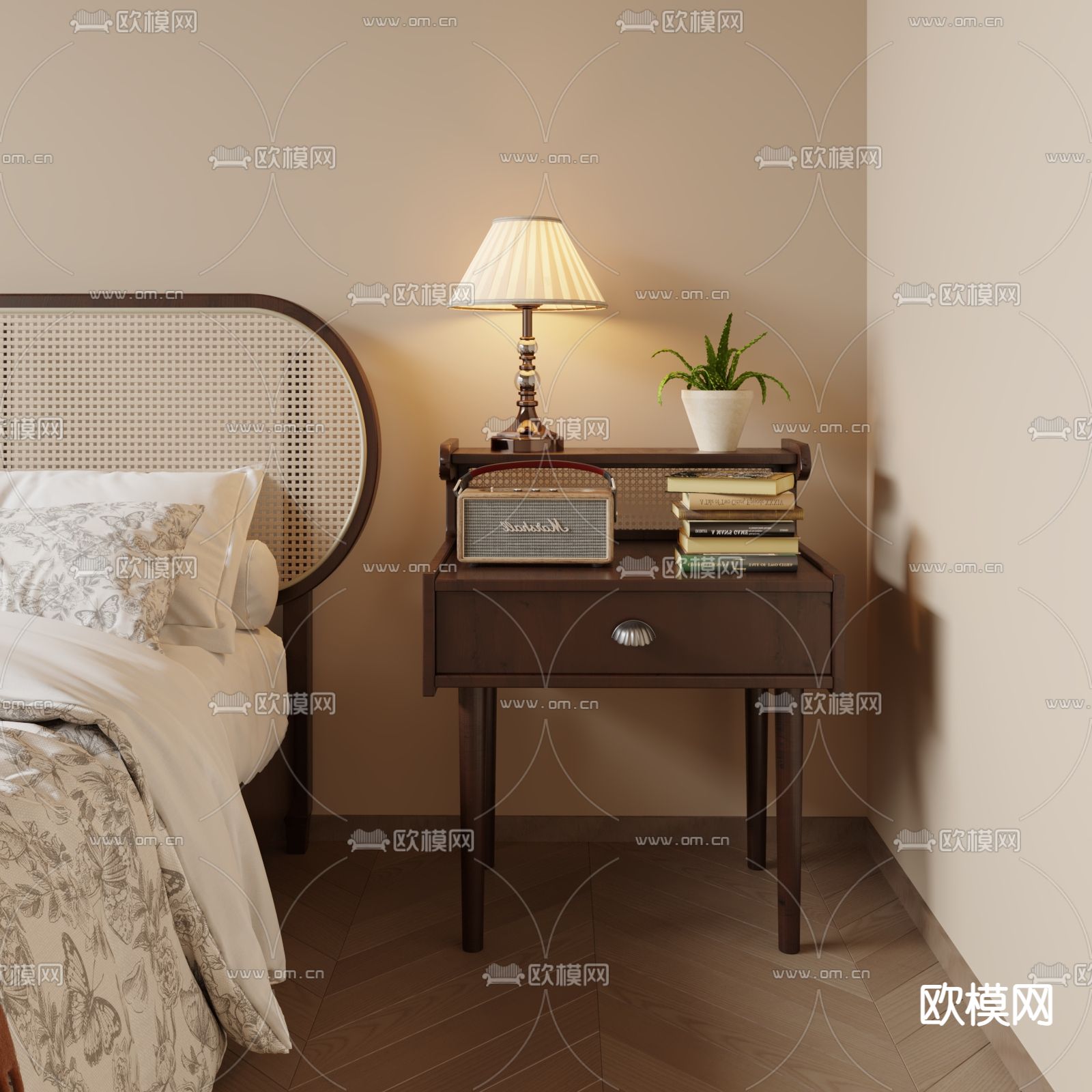 中古风床头柜su模型下载（渲染图1）