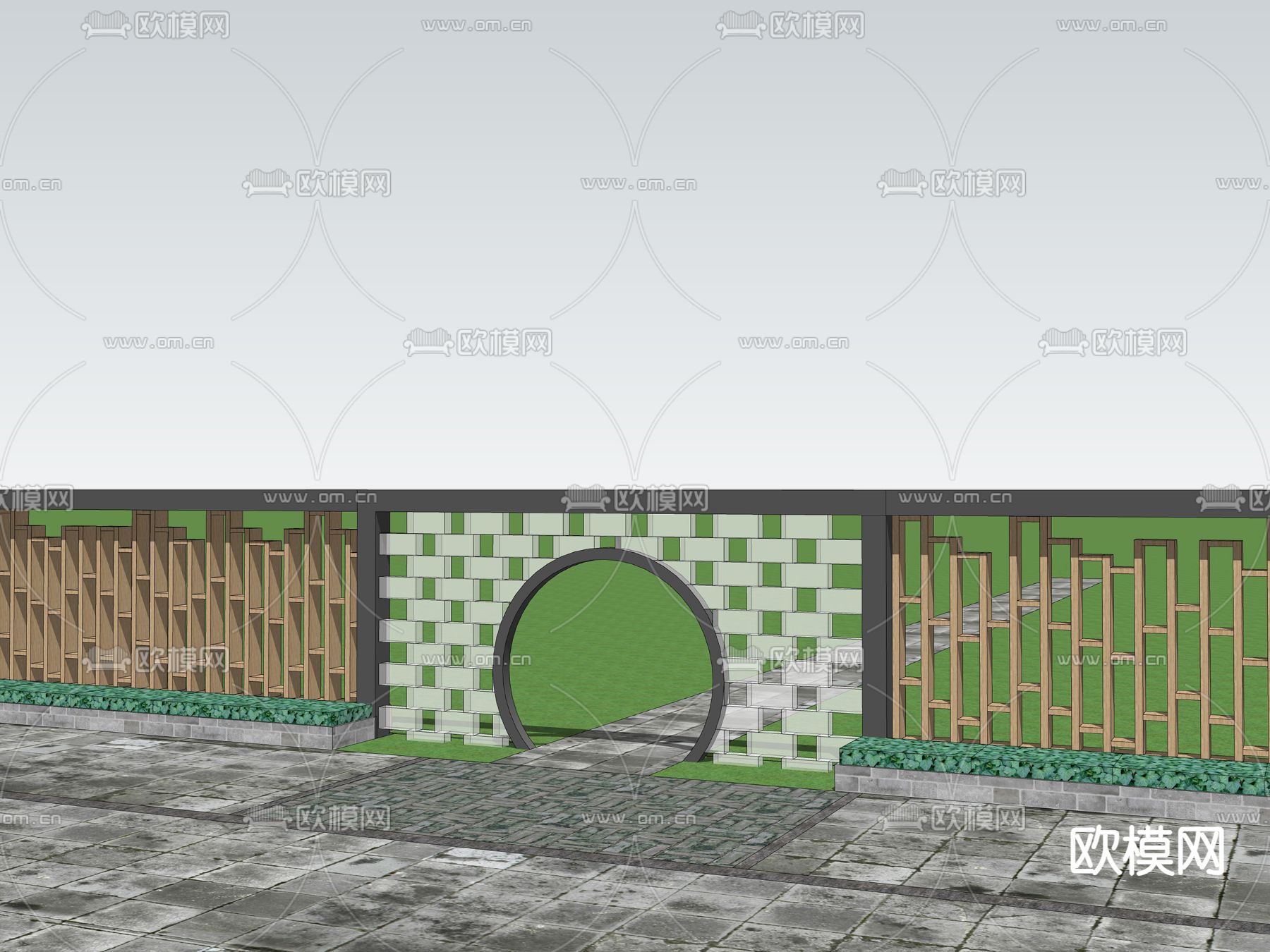 新中式景墙 围墙su模型下载（渲染图2）