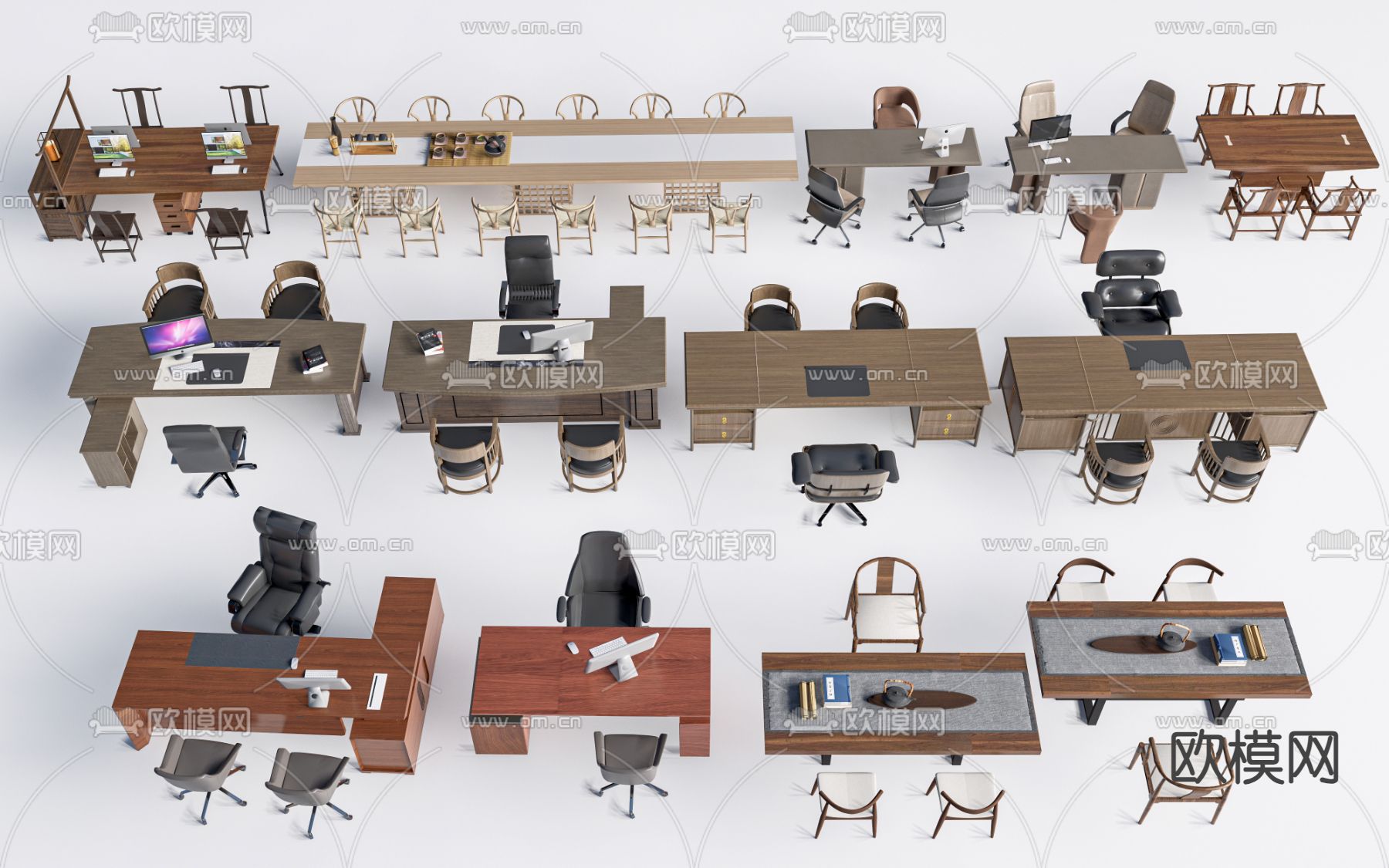 中式办公桌椅 班台桌su模型下载（渲染图1）