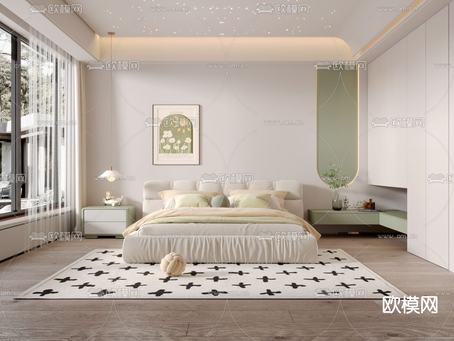 奶油风卧室 主人房su模型下载（渲染图1）
