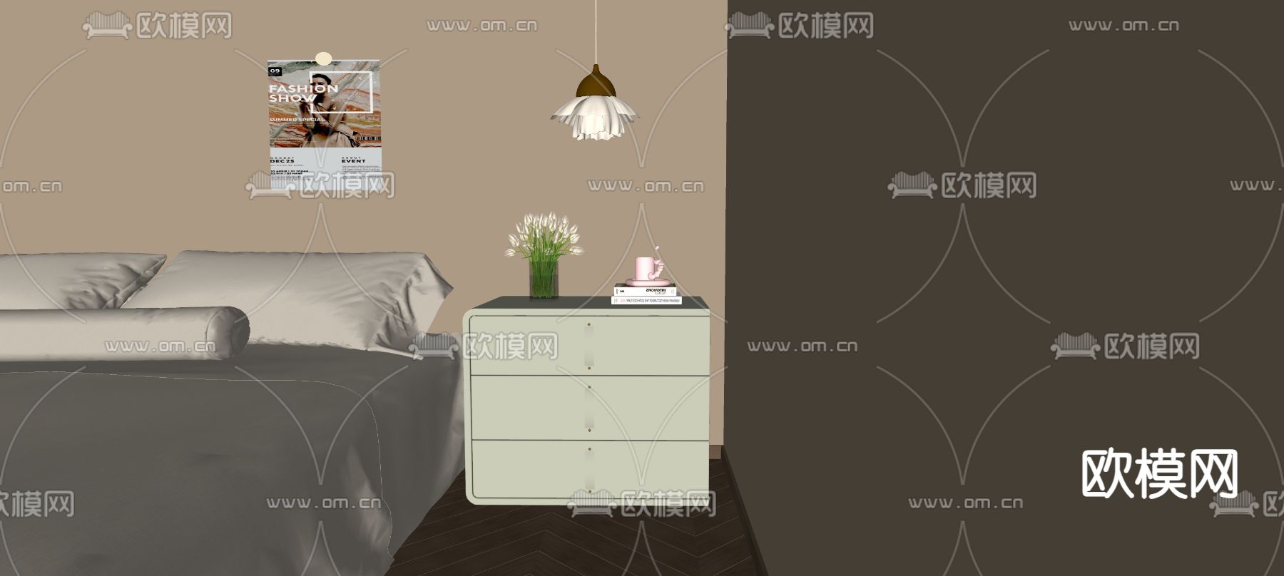 奶油风床头柜su模型下载（渲染图2）