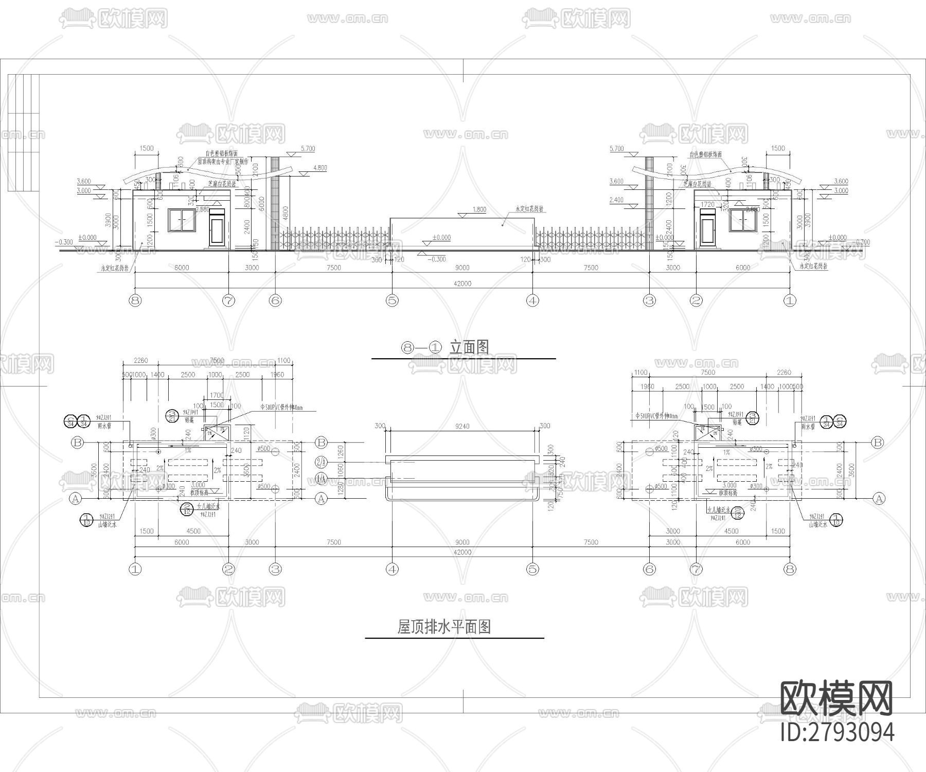 小区入口大门 学校大门CAD施工图下载（渲染图2）