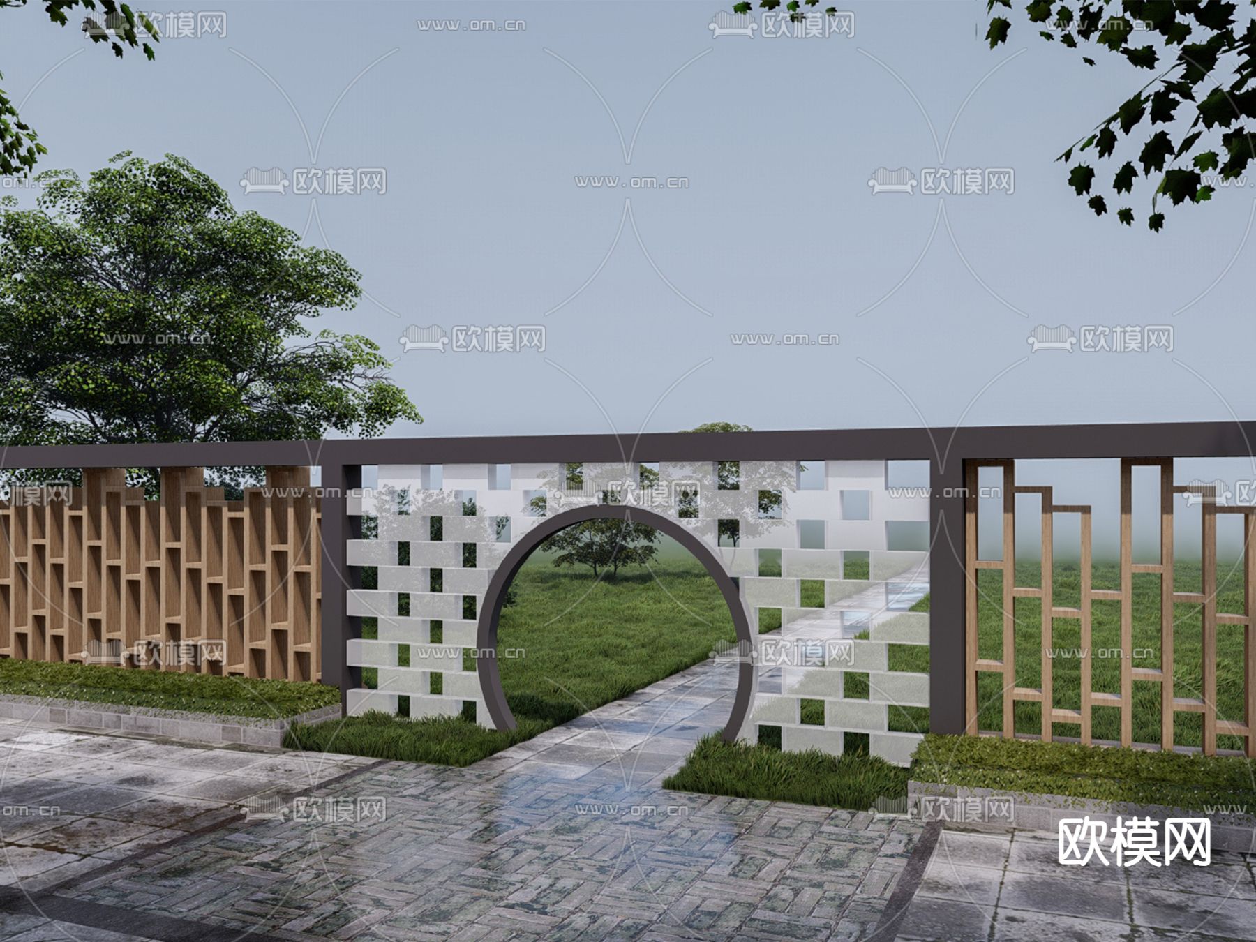 新中式景墙 围墙su模型下载（渲染图1）