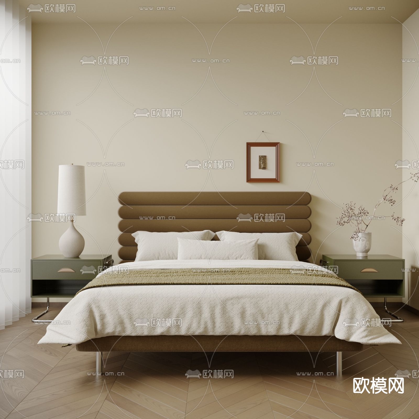 中古风双人床su模型下载（渲染图1）