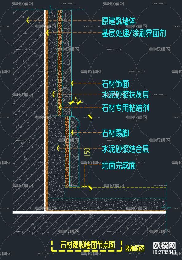 石材墙面与石材踢脚凸收口节点大样图-免费3dmax模型库-欧模网