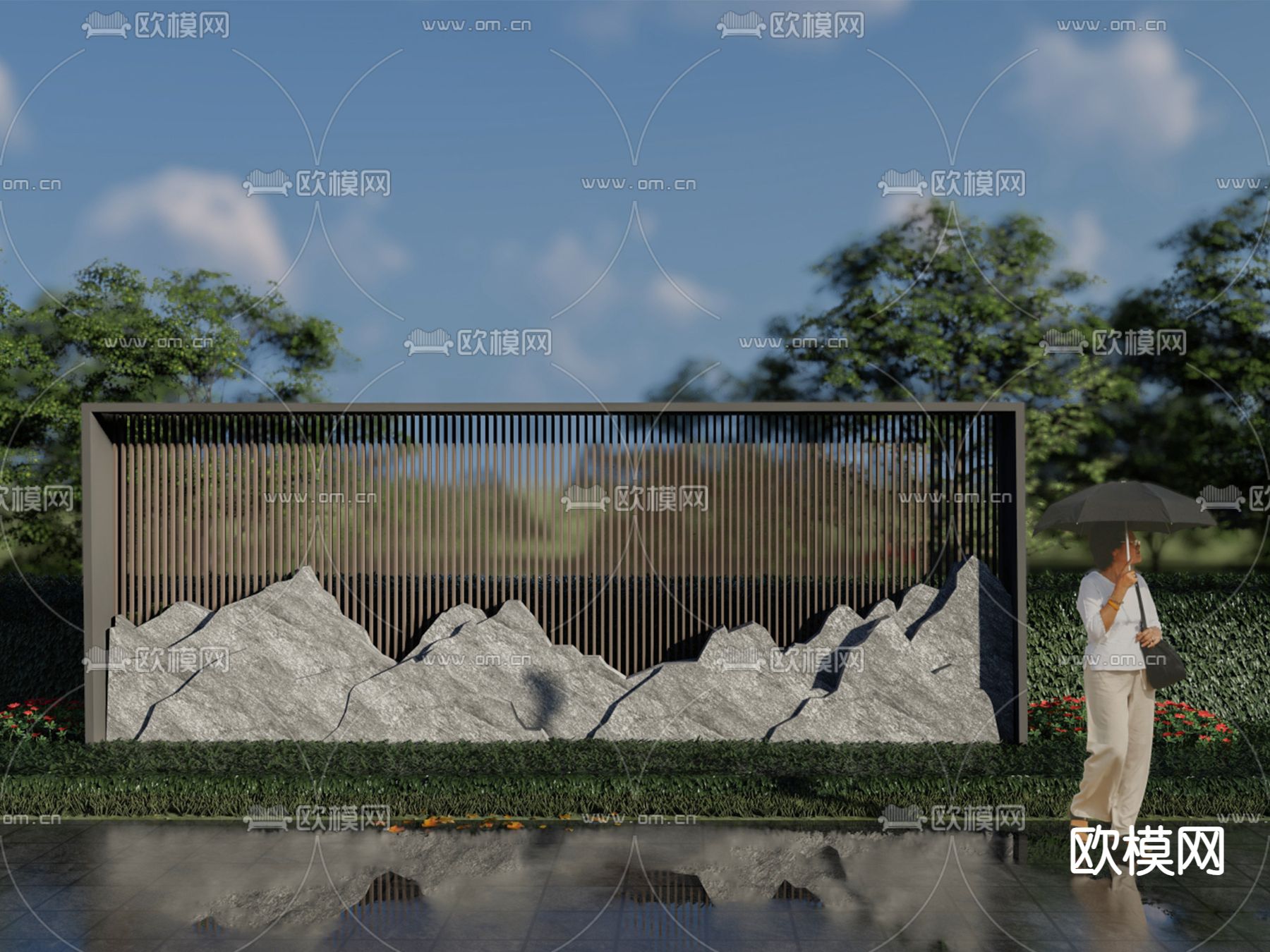 新中式景墙 山水格栅围墙su模型下载（渲染图1）