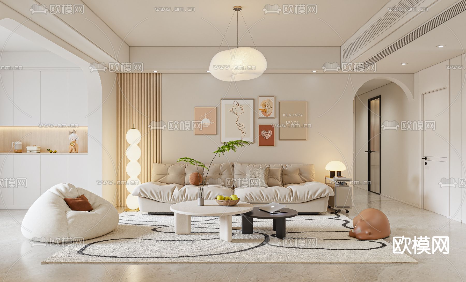 奶油风客厅 餐厅3d模型下载_ID14223601_3dmax免费模型-欧模网