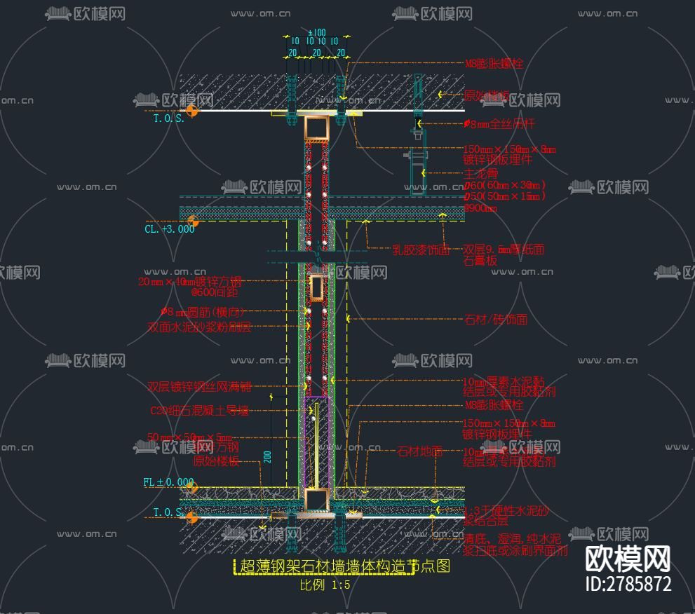 超薄钢架石材墙墙体构造节点大样下载