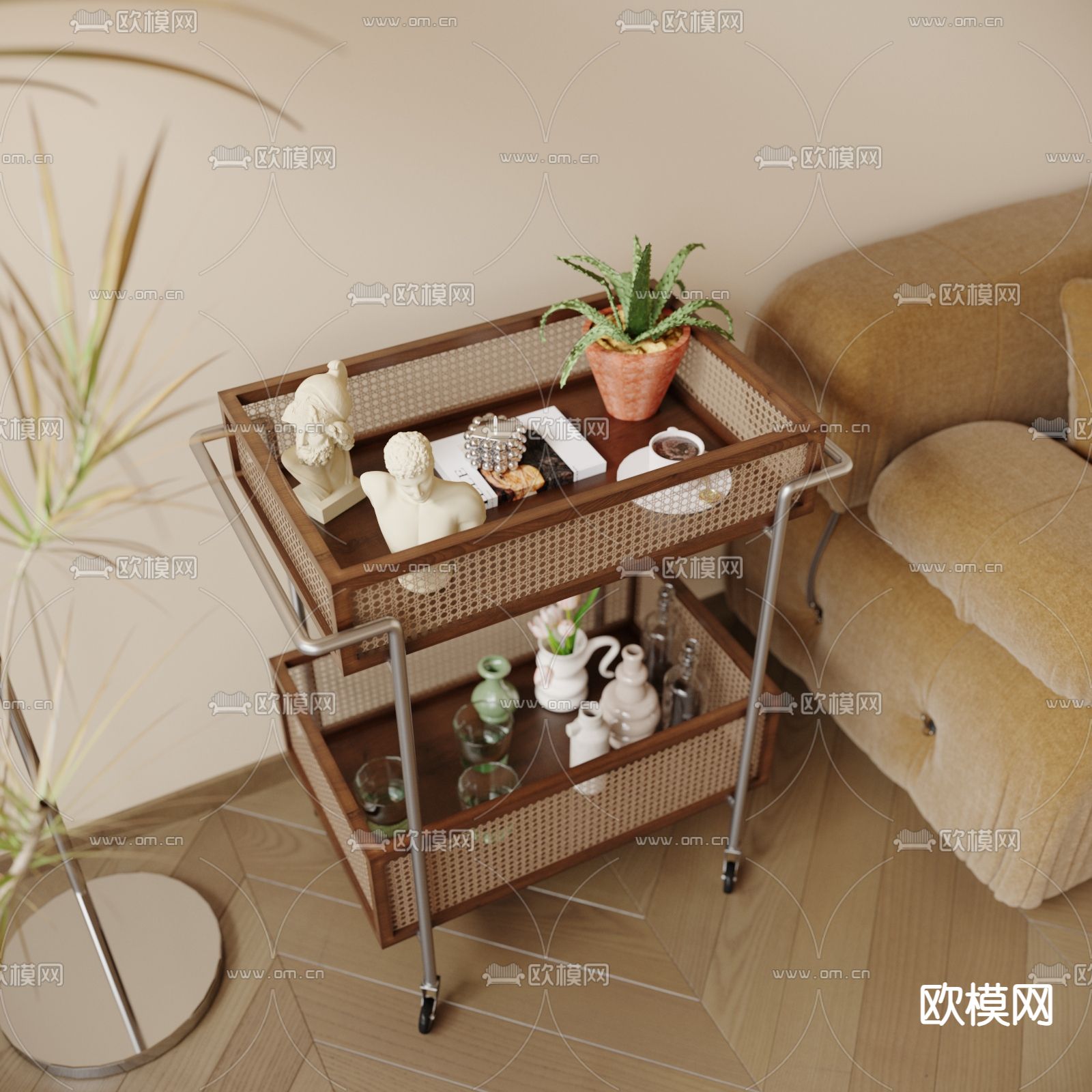 中古风边几 活动推车3d模型下载