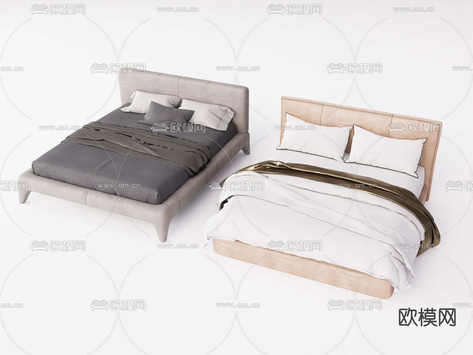 现代双人床su模型下载（渲染图1）