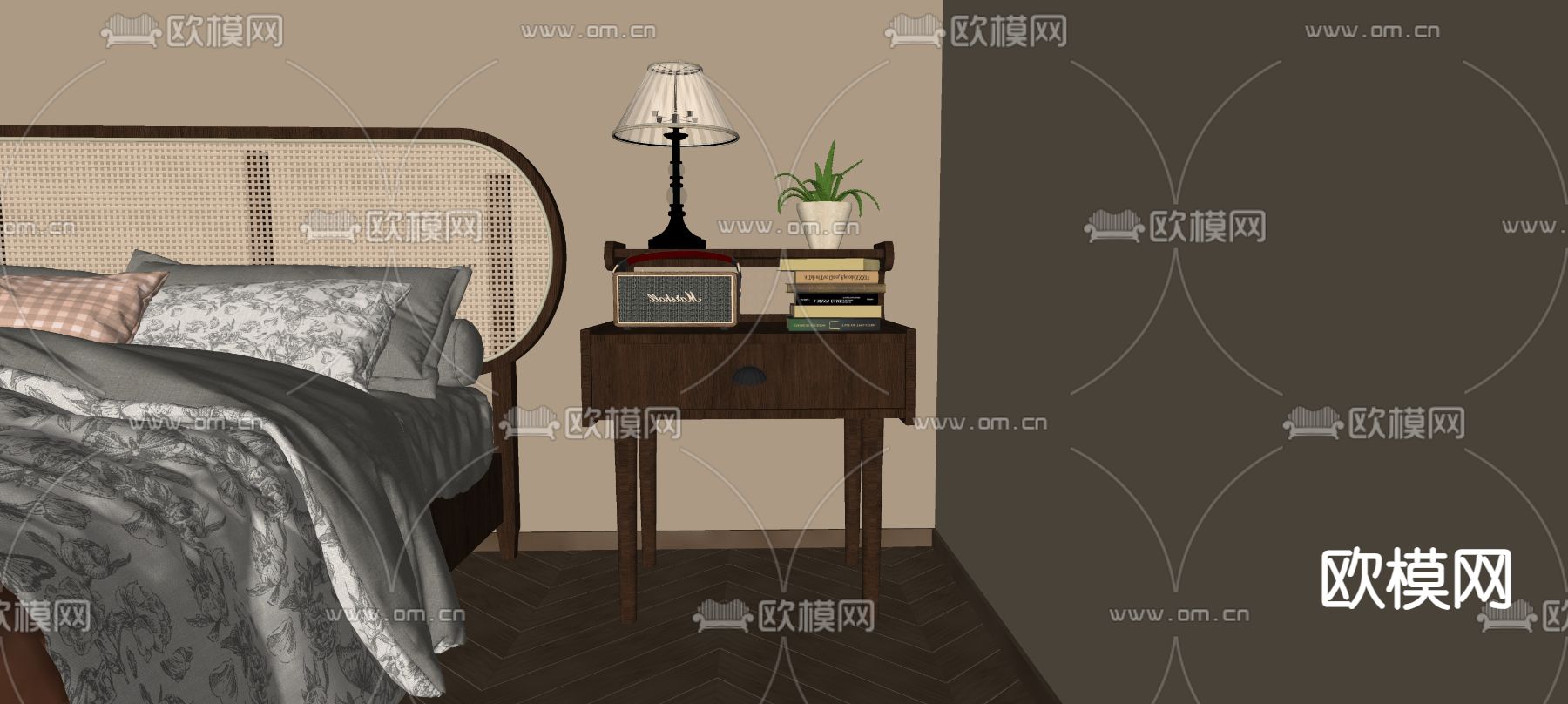 中古风床头柜su模型下载（渲染图2）