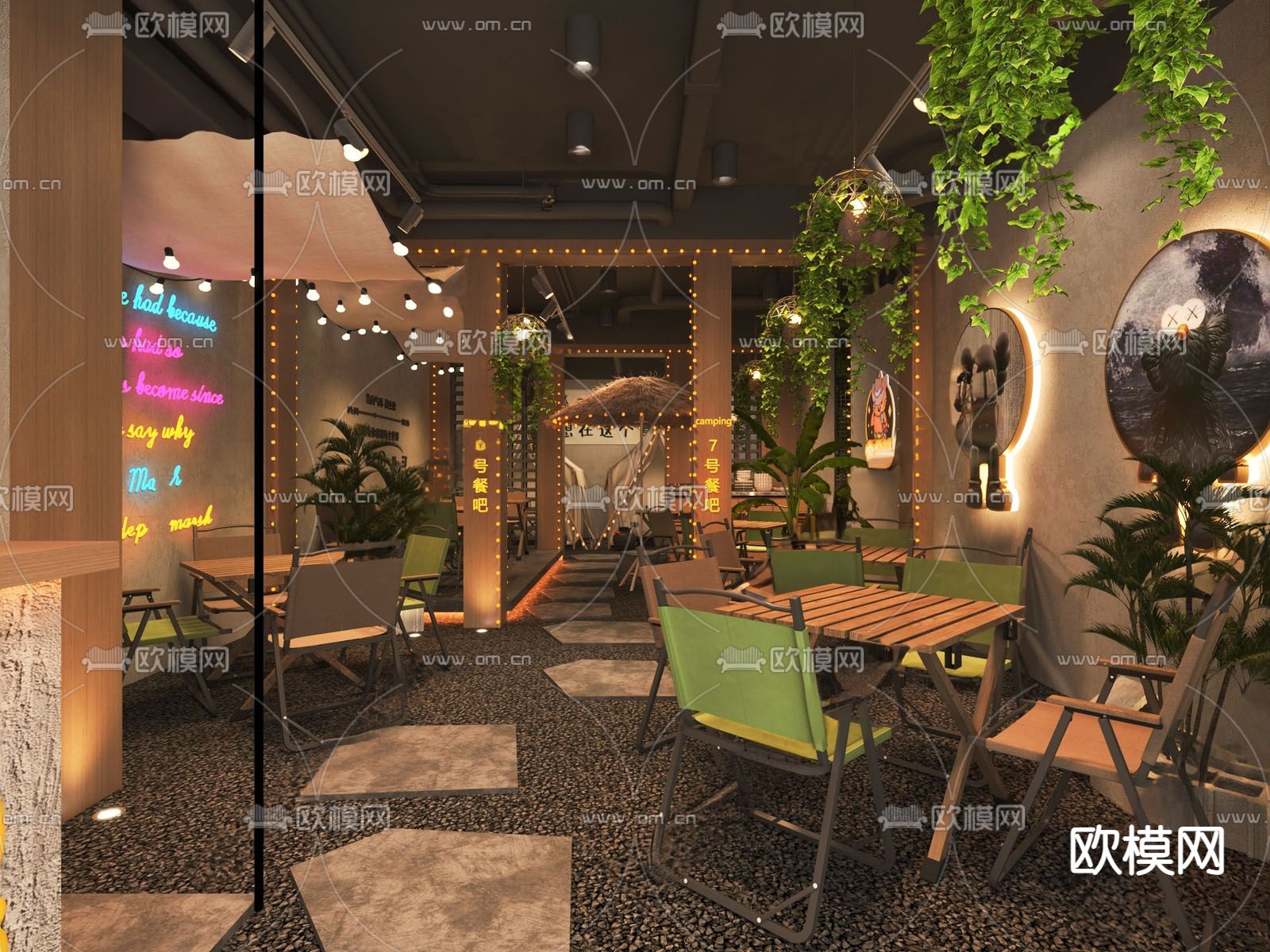 工业露营风烧烤店su模型下载（渲染图1）