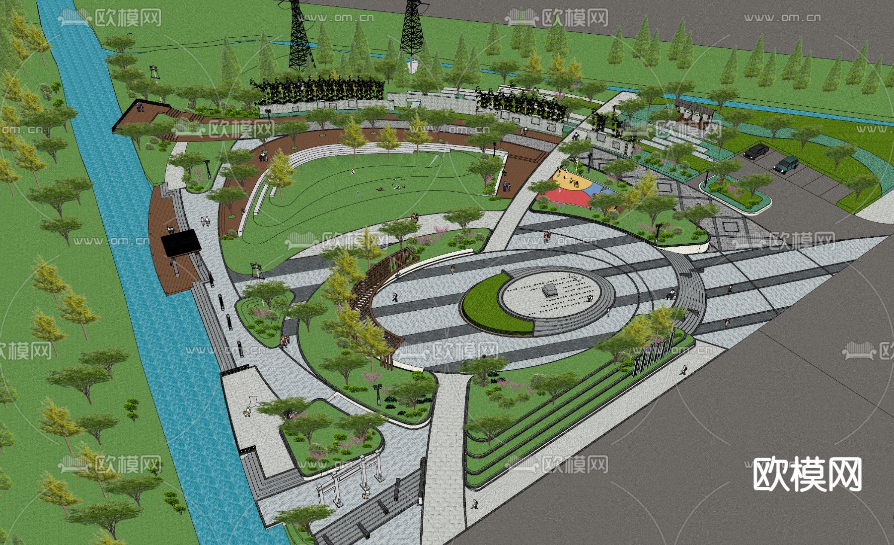 中式广场景观su模型下载