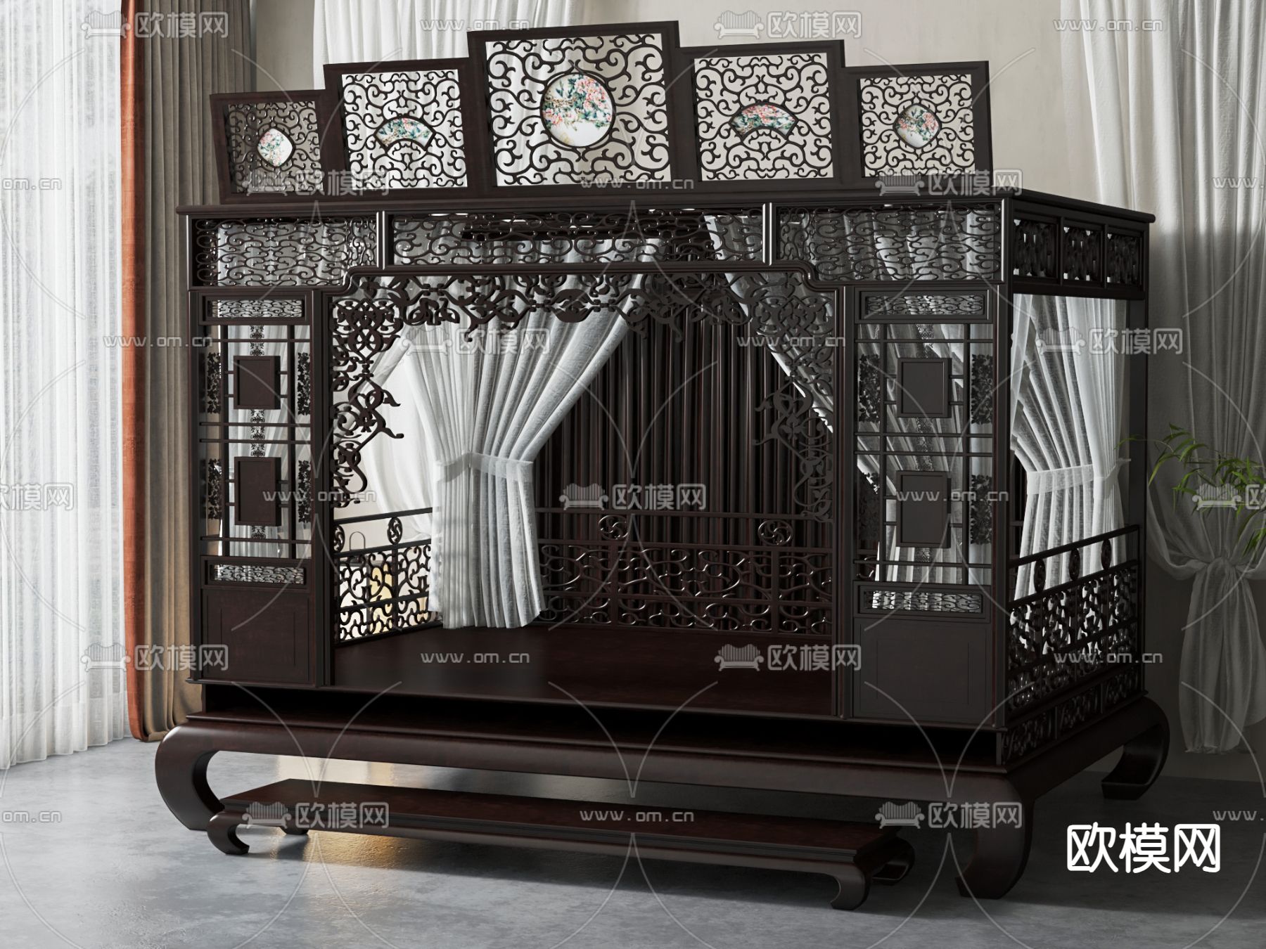 中式双人床 架子床3d模型下载