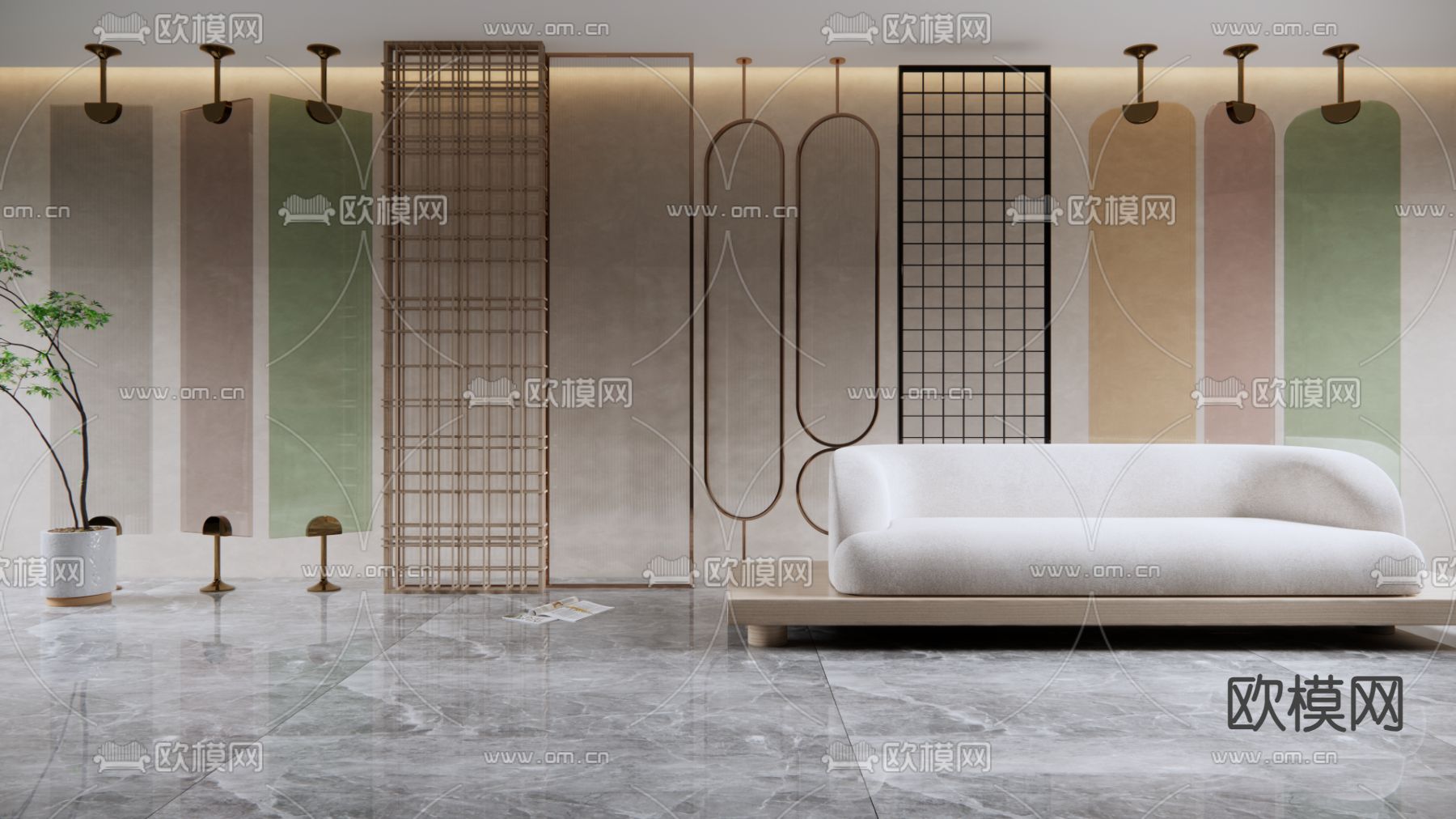 轻奢玻璃屏风 隔断su模型下载（渲染图1）