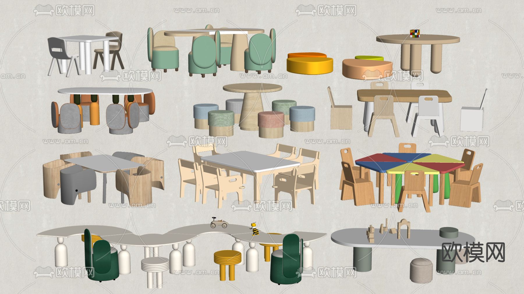 现代儿童桌椅su模型下载（渲染图2）