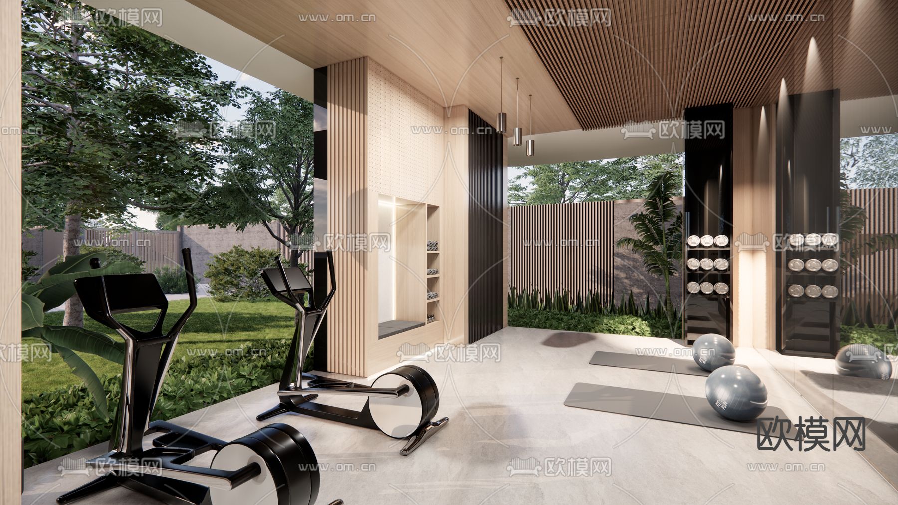 小区架空层 健身房su模型下载（渲染图2）