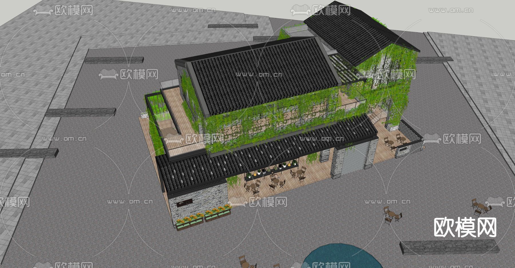 中式商业建筑外观su模型下载（渲染图3）