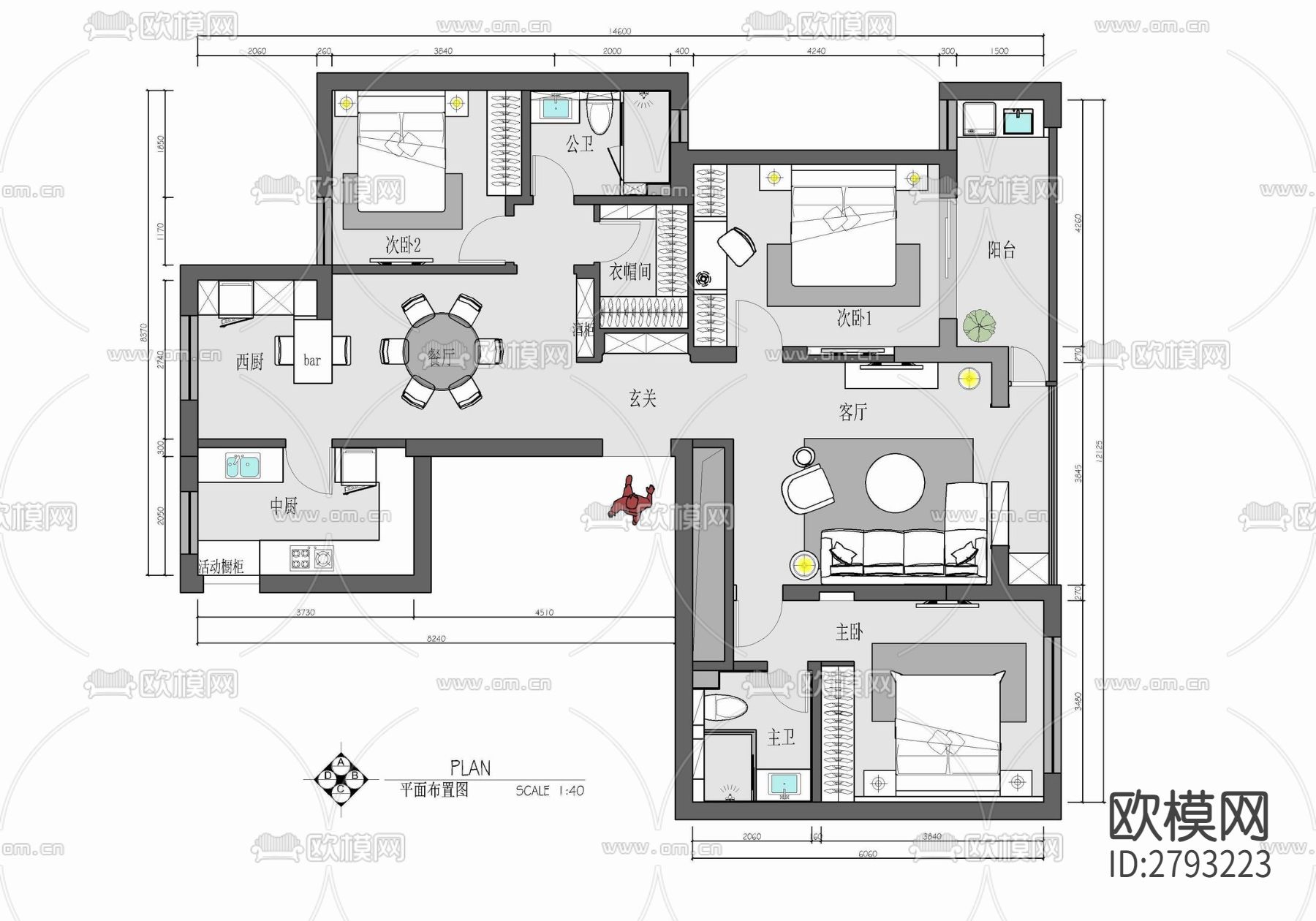 138㎡三居室家装平层室内CAD施工图下载（渲染图1）