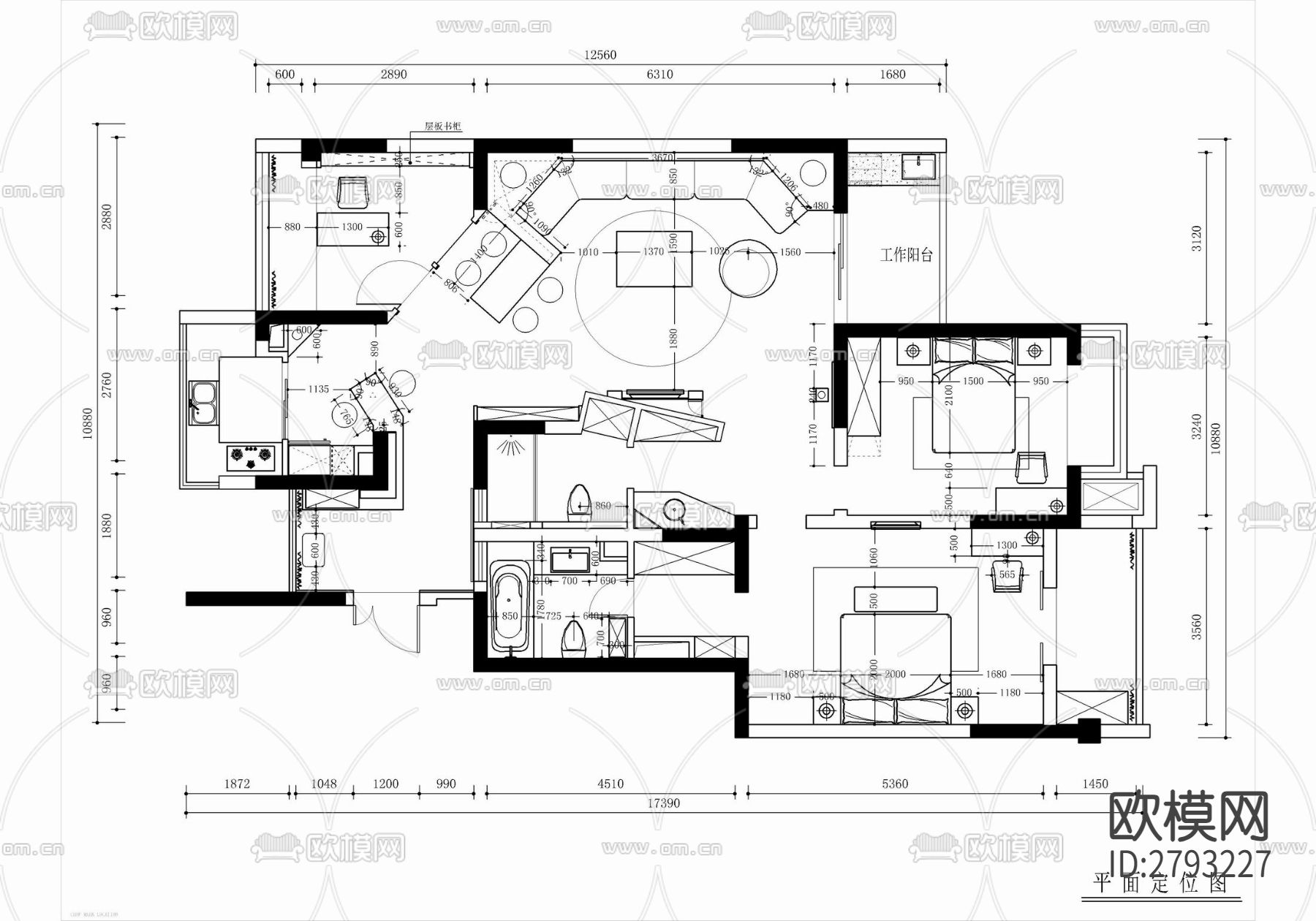 150㎡创意家装平层CAD施工图下载（渲染图2）