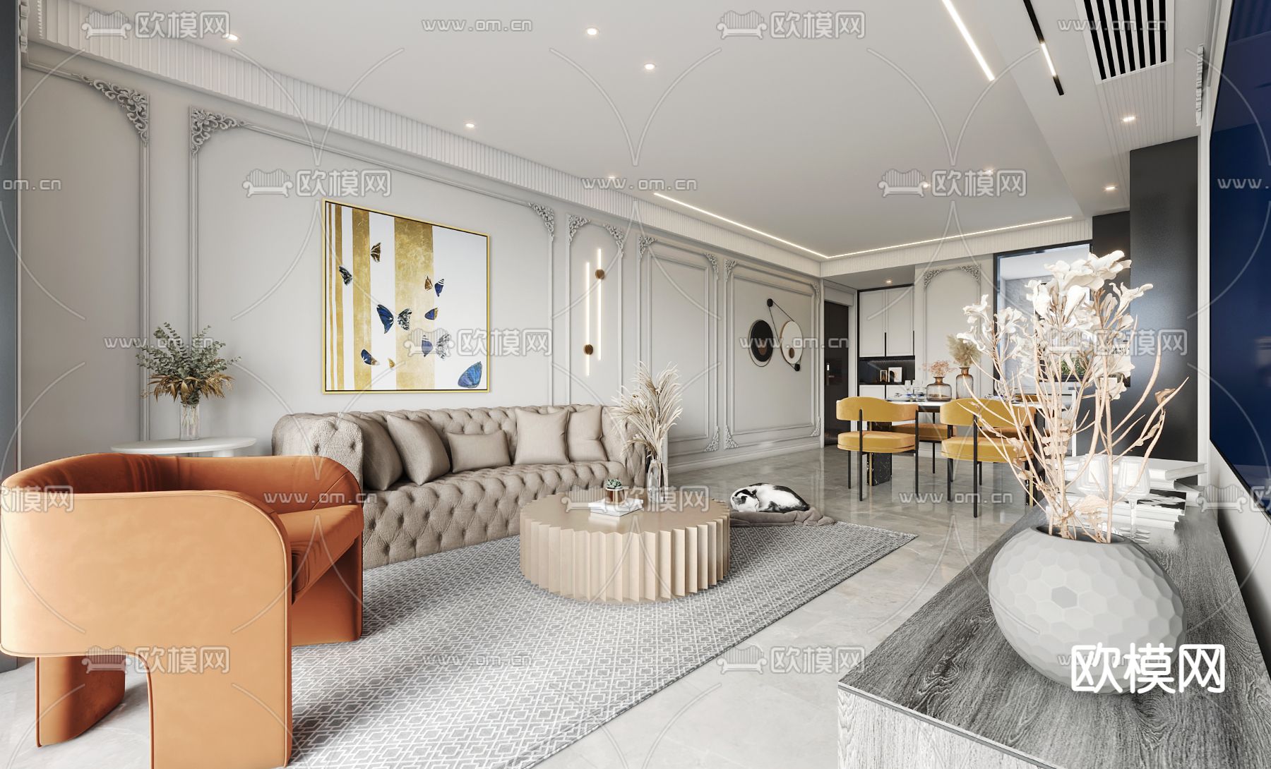 法式客厅 餐厅3d模型下载（渲染图1）