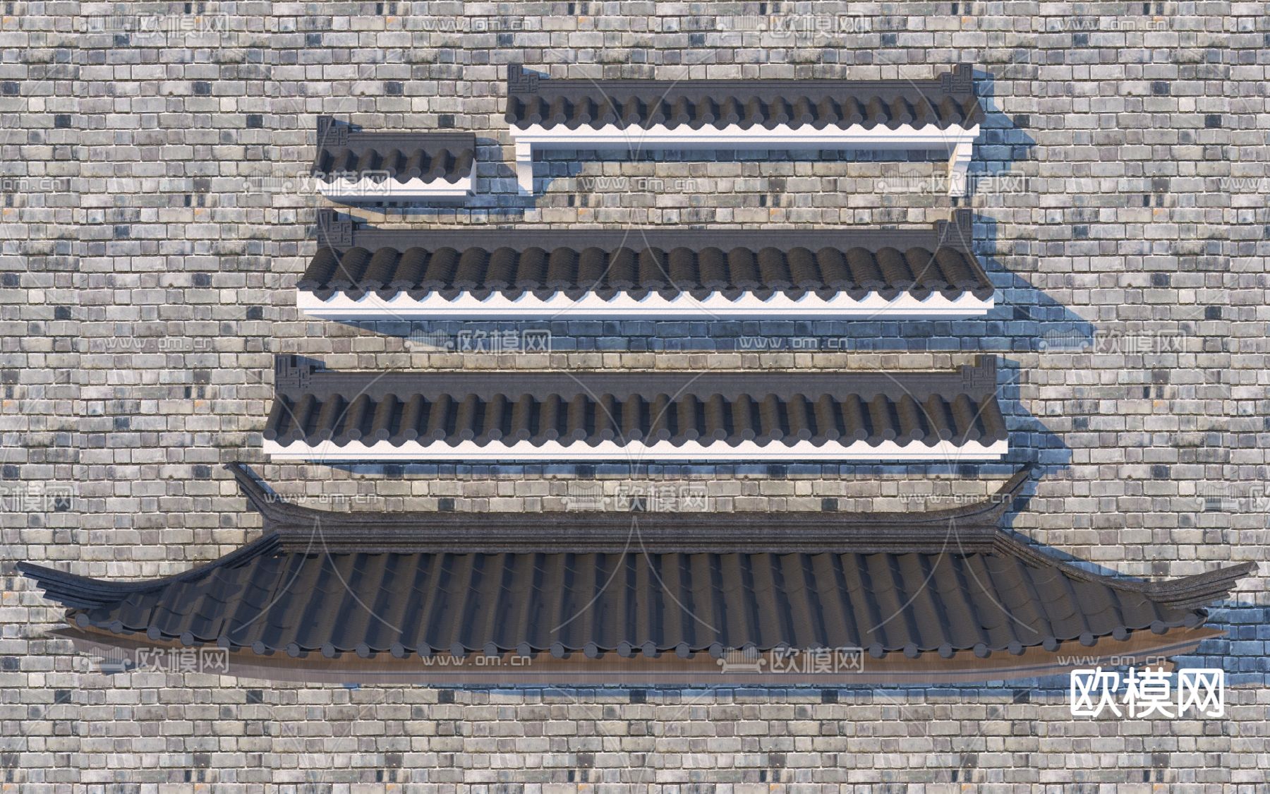 中式屋檐 瓦片 屋脊 屋顶 檐线3d模型下载_ID14225337_3dmax免费模型-欧模网